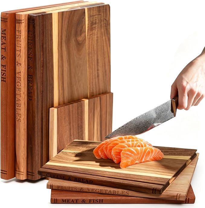 Book Cutting Board Set of 3 – Newly Upgraded and Thickened Chopping Boards Premium Acacia, Ebony & Rubberwood，with Display Stand，Ideal Gift & Kitchen Decor