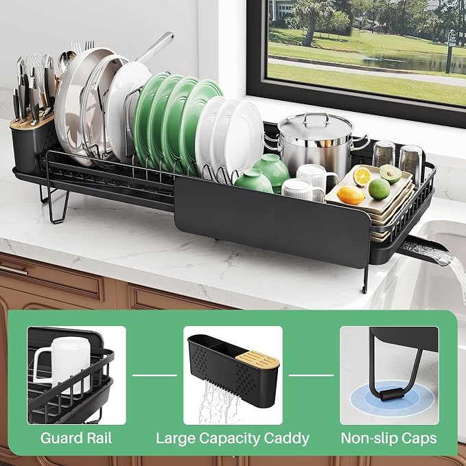 Large Expandable Dish Drying Rack for Kitchen Counter, 19.3-29.4 in, Black | Family Size Capacity, Adjustable Dividers for Pan, Lid & Cutting Board, Stainless Steel, Rotating Spout, Utensil Holder
