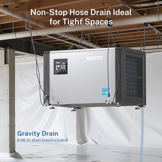 Yaufey 70 Pints Energy Star Commercial Dehumidifier with Drain Hose for 5000 Sq. Ft. Crawl Space, Basement, Industrial, 10-90% RH Humidity Control, 24/7 Continuous Drainage,TUV Certified,5-Yr Coverage