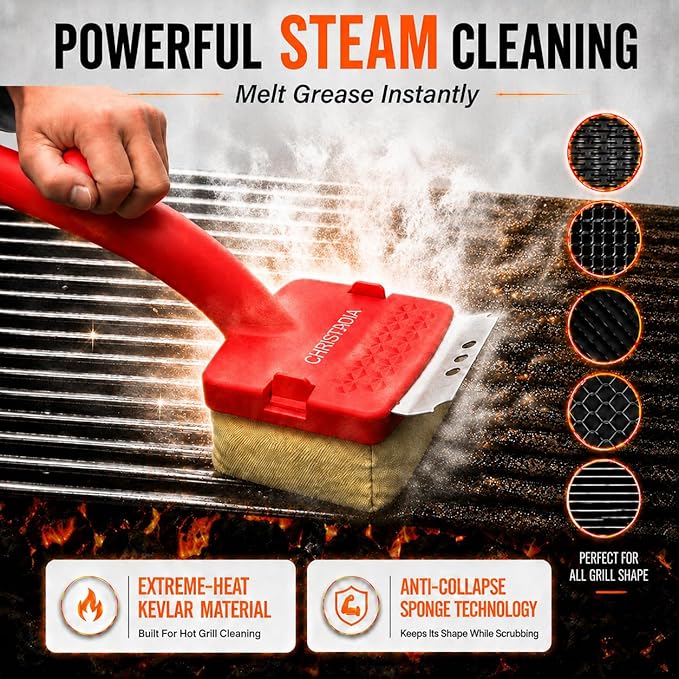 Grill Brush Bristle Free with 2 Replaceable Kevlar & Steel Fiber, Heat-Resistant Steam Grill Cleaner for Outdoor Grill, Ergonomic 18'' Long Dual Handle Safe on Cast Iron & Stainless-Steel Grates