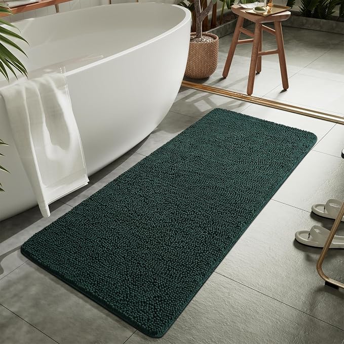LOCHAS Luxury Bathroom Rug Shaggy Bath Mat 24 x 70 Inch, Hunter Green | Washable Non Slip Bath Rugs for Bathroom Shower, Soft Plush Chenille Absorbent Carpets