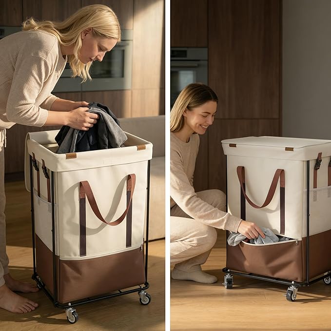 Double Laundry Hamper with Lid, Rolling Laundry Basket with Wheels and 2 Removable 75L Bags, 2 Section Large Capacity for Laundry Bedroom Bathroom Dorm, Easy Move & Organize,150L White