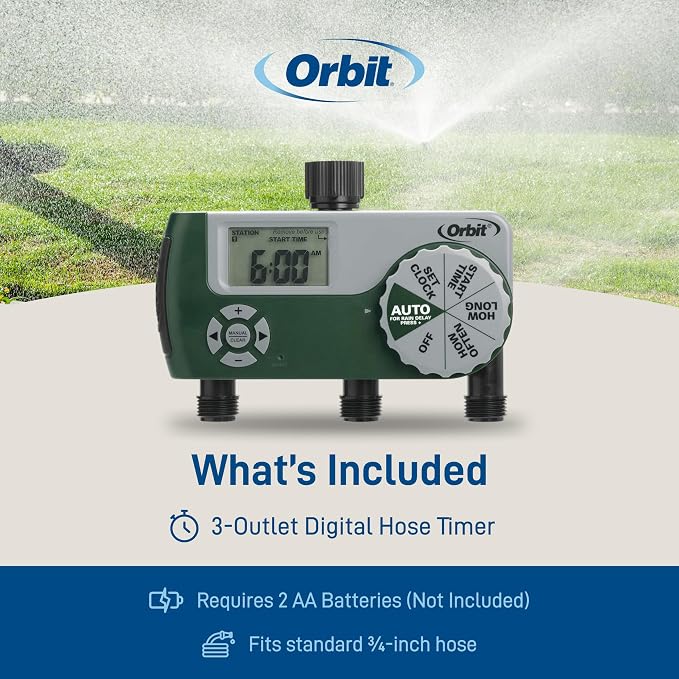 Orbit Programmable Digital Hose Watering Timer - 3 Outlet - Battery Powered - with LCD Screen - Built-in Rain Delay - Water-Resistant - 56082