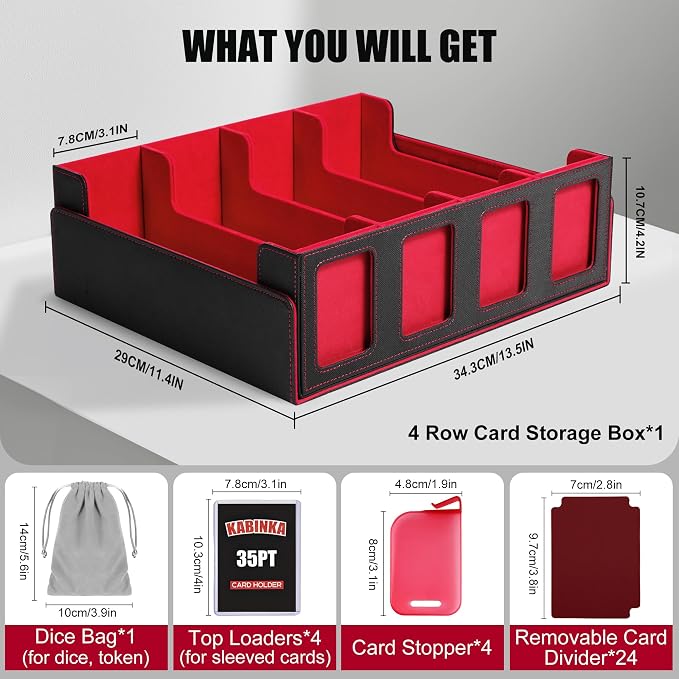 Kabinka Trading Card Storage Box with Commander Display, 4-Row Deck Case with Removable Lid; 2400+ Card Deck Box for MTG TCG Sports Card, 4 Top Loaders, 4 Stoppers, 24 Dividers,1 Dice Bag (Black Red)
