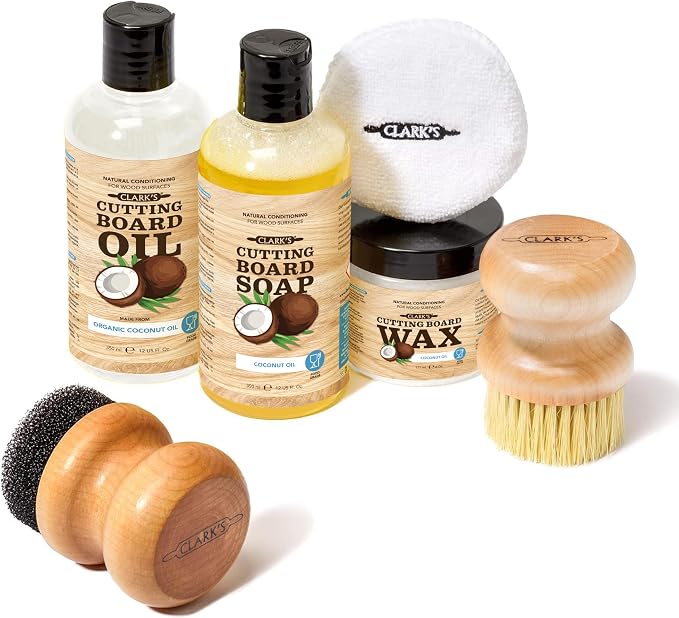 CLARK'S Food Grade Cutting Board Full Care Kit, Coconut Scent - 6 Pack | Includes Cutting Board Oil & Wax, both made of Organic Coconut Oil, Cleaner, Applicators, Buffing Pads - Protects & Restores