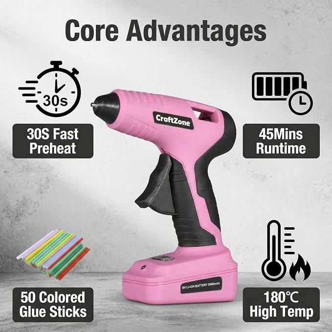 Cordless Hot Glue Gun | 8V Rechargeable Fast Preheating Glue Gun Kit with 50pcs Colorful Glue Sticks | Cordless & Rechargeable Glue Gun with Charger for DIY Art Craft Projects | Pink
