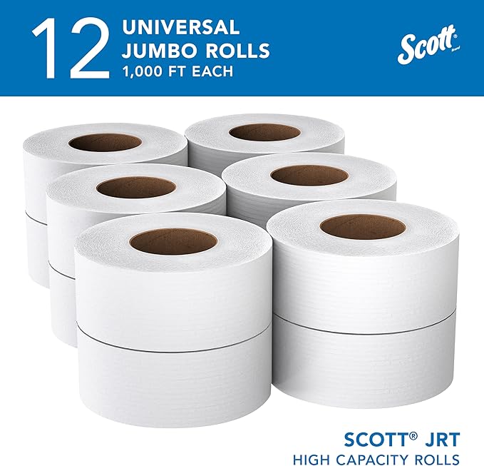 Scott Professional High-Capacity Jumbo Roll Toilet Paper, Bulk (07805), 2-Ply, Septic Safe, White, Non-Perforated (12 Rolls at 1,000' Each, 12,000'/Case)