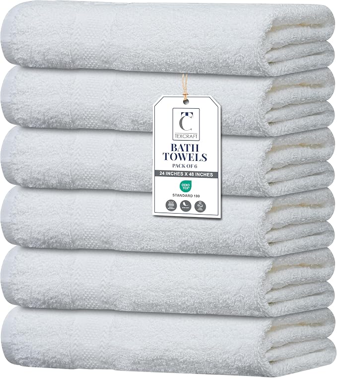Premium Bath Towel Set, 24 x 48 Pack of 6 100% Cotton Terry Towels for Bathroom, Quick Dry, Highly Absorbent, Soft Feel, for Shower, Pool, Spa, Gym, Hand Towel for Daily Use - White