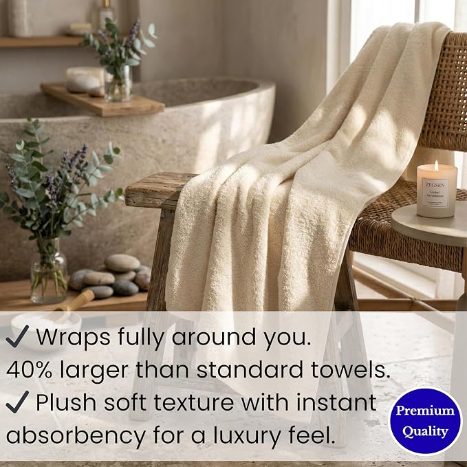 SALBAKOS Luxury 100% Turkish Cotton Bath Sheet 40x80 in (1-Piece, Ivory) | Extra Large Jumbo Oversized Bathroom and Beach Towel, Super Soft Highly Absorbent Thick Premium Hotel Quality, Made in Turkey