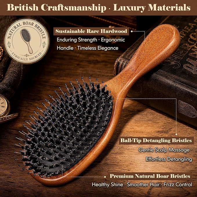Boar Bristle Hair Brush Since 1965 British Craftsmanship Handmade | Natural Wood Slick Back Hairbrush, Gentle Detangling Women Men Kids Curly Thick Fine Frizzy Hair, Smoothing Styling Brush