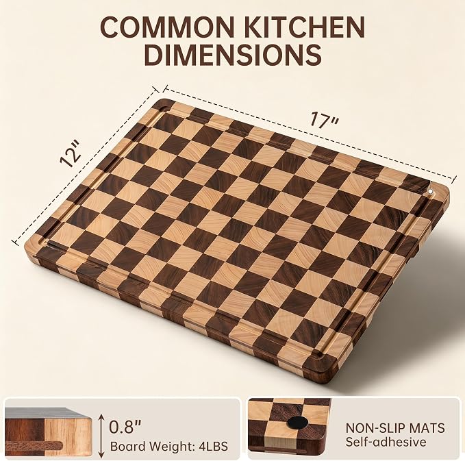 Cutting Boards for Kitchen, Checkered Wooden Chopping Board Structural Upgraded, Walnut Cutting Board with Juice Grooves & Handles, Butcher Block Serving Tray with Gift Box, 17"X 12"X 0.8"