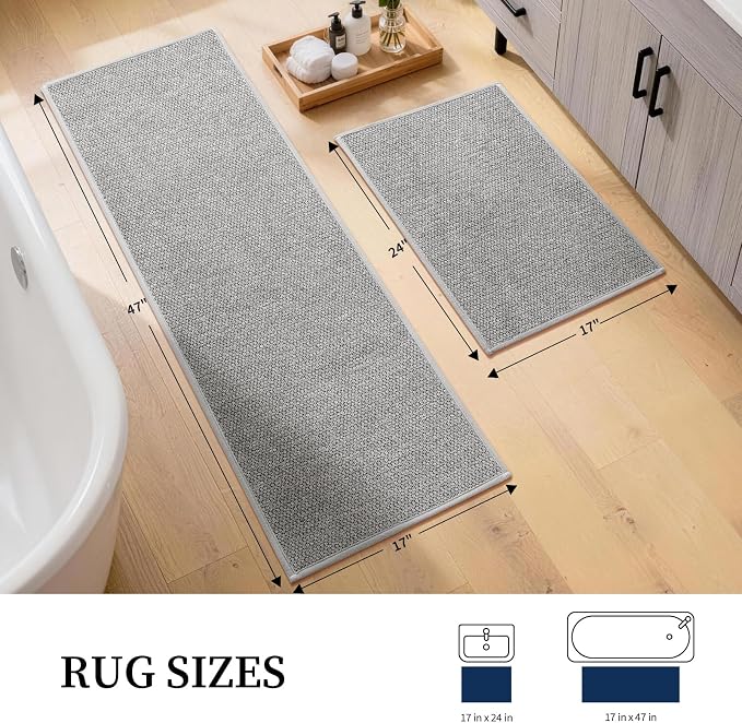 YIHOUSE Gray Bathroom Rugs Sets 2 Piece, Quick Dry Thin Bath Mat, Non Slip Absorbent Machine Washable, Bath Runner Rug for Bathtub Sink Home Decor (17"x24" + 17"x47")