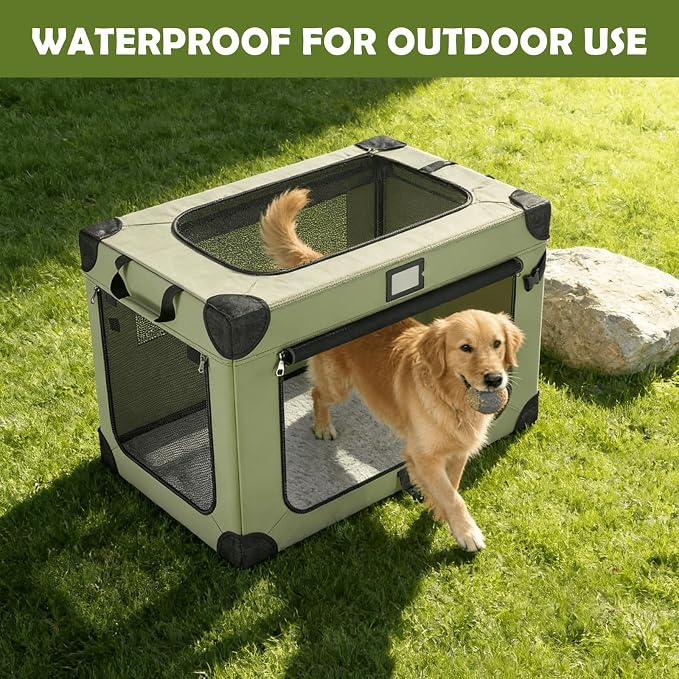 42 Inch Travel Collapsible Dog Crate Green with Signature Card，Storage Bag | Chew-Proof Mesh Window,Sturdy Frame,Soft Blanket & Foldable Bowl,Waterproof & Easy to Clean,Portable for Camping，Mesh Windows