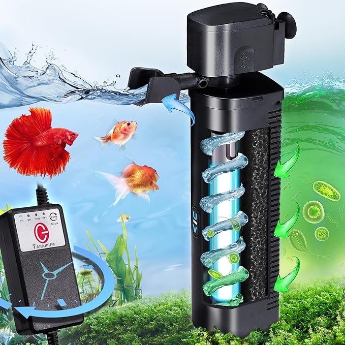 TARARIUM 40-150 Gal U-V Aquarium Filter for Fish Turtle Tank, Swivel Outlet | Bio Sponge+U-V Internal Filter, Clear Green Water, Auto-Timer, Aeration, Deodorize, Salt & Freshwater Crystal Clear, 264GPH