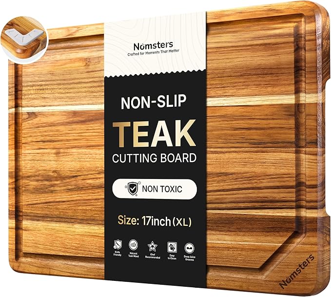 17'' Teak Wood Cutting Board for Kitchen Non Slip Charcuterie Board Serving Heavy Duty Non Toxic Wooden Chopping Board Thick Haus Edge Grain Wood, Knife Friendly Housewarming Gifts - FSC Certified