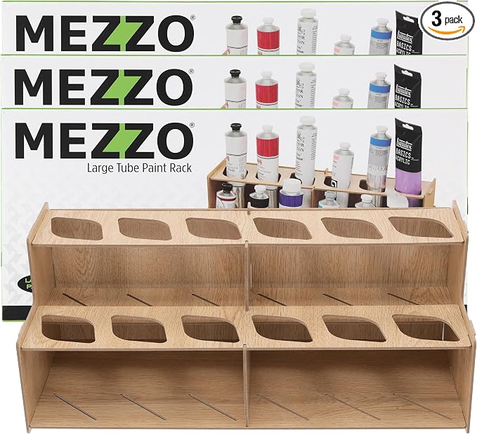 HG Art Concepts Mezzo Artist Paint and Brush Racks - Wood Grain Laminate Multi Layer Desk Stand Professional Storage Display Organizer for Paintbrushes & Large Tubes - 3 Pack