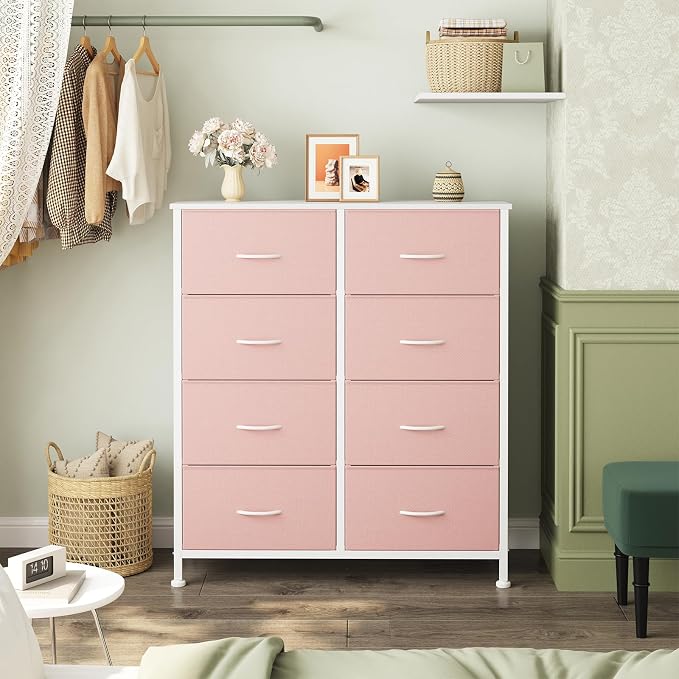 Sweetcrispy 8 Drawer Fabric Dresser for Bedroom, Tall Dresser, Pink | Sturdy Chest of Drawers, Steel Frame and Wooden Top, Closet Living Room Storage Organizer with Easy Pull Handles