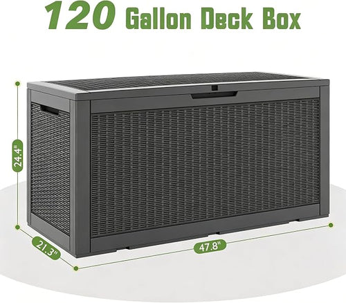 120 Gallon Waterproof Large Resin Deck Box, Lockable Large Outdoor Storage Boxes Indoor Outdoor Storage Container for Patio Cushions, Gardening Tools, Pool Supplies, Black