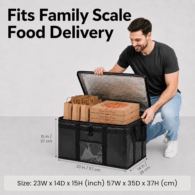 PRO Large Insulated Food Delivery Bag (3XL, Gray, 1 Pack) | Thermal bag, For cold & hot food, Water-resistant, Portable cooler, Soft sided catering tote, Grocery bag with zippered top