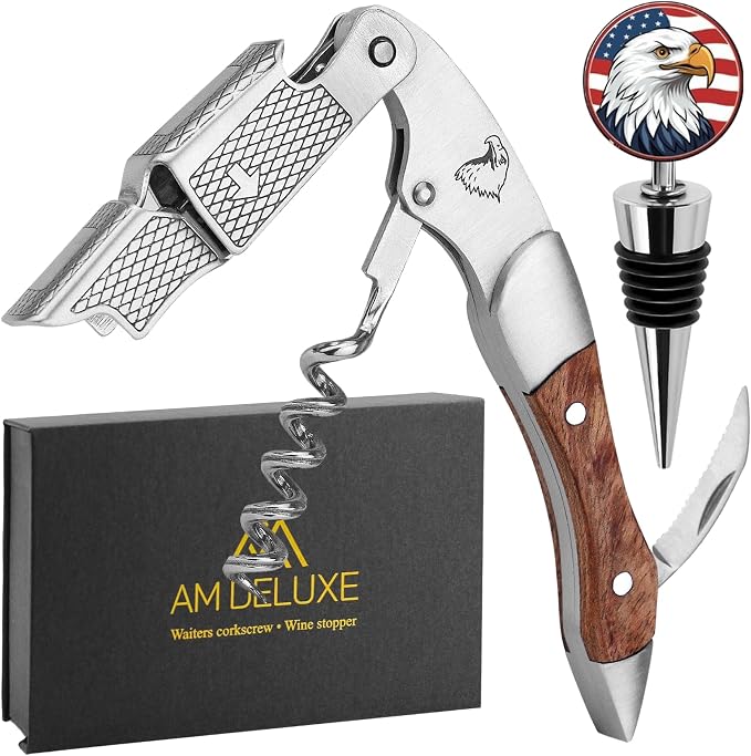 Patriotic Wine Bottle Opener Set: Professional Waiters Corkscrew Wine Opener & Wine Bottle Stopper - Double-Hinged Stainless Steel & Rosewood. 2-Piece Wine Accessories Gift Set