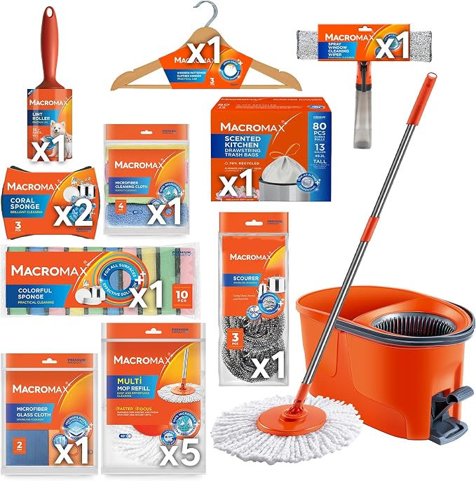 Home Cleaning Kit with Force Spin Mop Refills Cloths Sponges Scourers Lint Roller Trash Bags Supplies Set