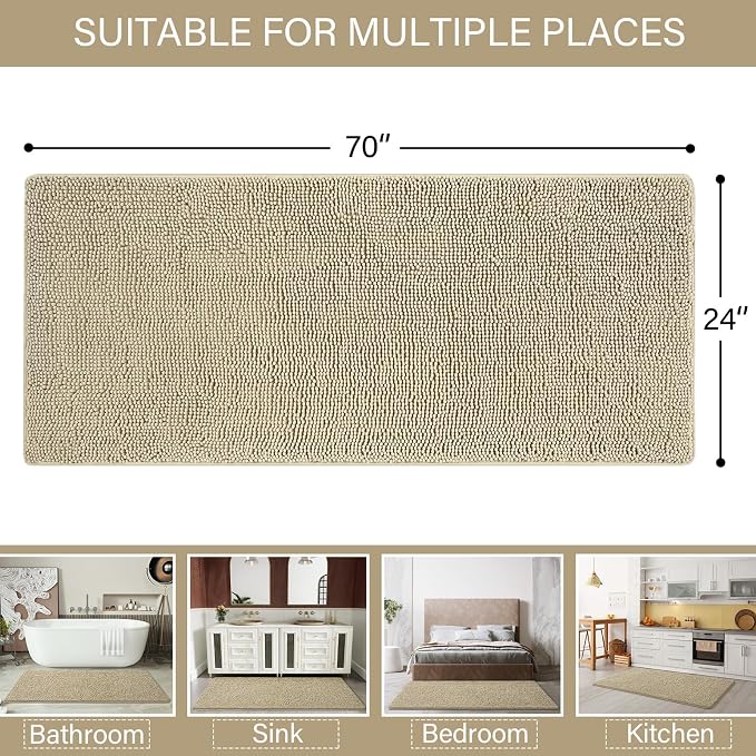 LOCHAS Luxury Bathroom Rug Shaggy Bath Mat 24 x 70 Inch, Beige | Washable Non Slip Bath Rugs for Bathroom Shower, Soft Plush Chenille Absorbent Carpets