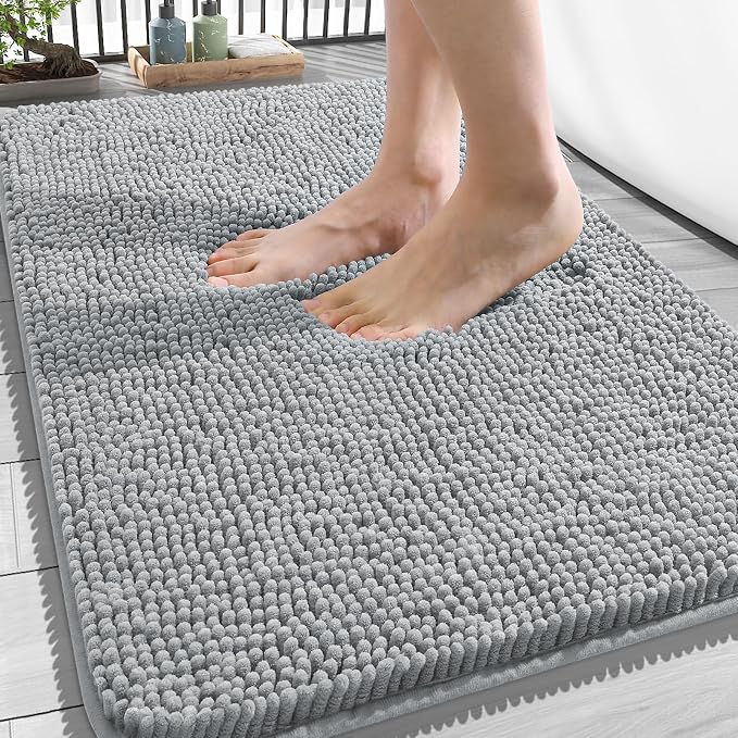 OLANLY Bathroom Rugs 34x21, Extra Soft Absorbent Chenille Bath Rugs, Rubber Backing Quick Dry, Machine Washable Bath Mats for Bathroom Floor, Tub and Shower, Home Decor Accessories, Light Grey