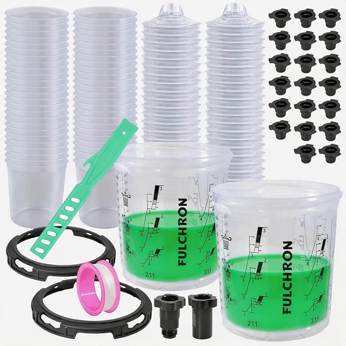 Disposable Paint Cups For Spray Gun, 20oz 125-Micron Mixing Cup With Lids | Fulchron 50PCS Paint Cup Liners with Lids, 2 Hard Cups & Adapters, Ideal for HVLP/LVLP Spray Gun 360° Spray & Less Cleanup