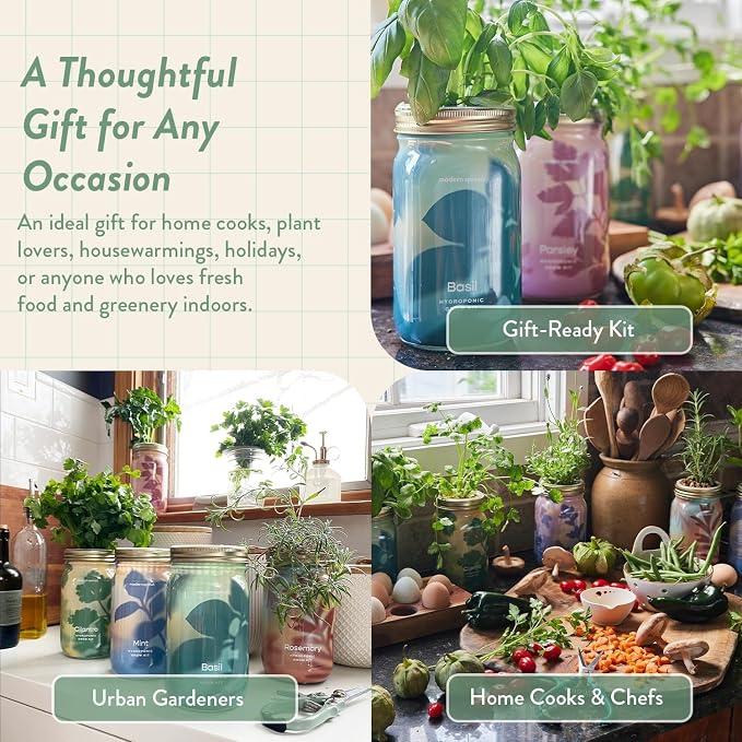 Modern Sprout Garden Jars+Smart Growbar Bundle- Self-Watering Hydroponic Herb Growing Kit with Full-Spectrum LED Grow Light, Organic Herb Seeds, Smart App, Adjustable Brightness, Gift for Mother's Day