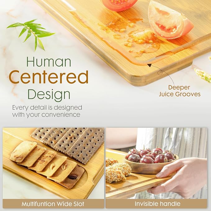Astercook Nature Bamboo Cutting Boards for Kitchen with Wood Storage Stand, Reversible Charcuterie & Chopping Boards with Juice Grooves and Easy-Grip Handles