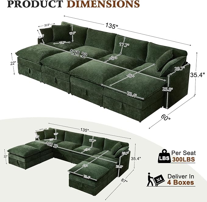 Ihanherry 135” Oversized Sectional Sofa Bed with Storage, 8-Seater Modular Cloud Couch with Movable Ottomans, Chenille Deep Seat Sleeper Couches for Living Room (Green)