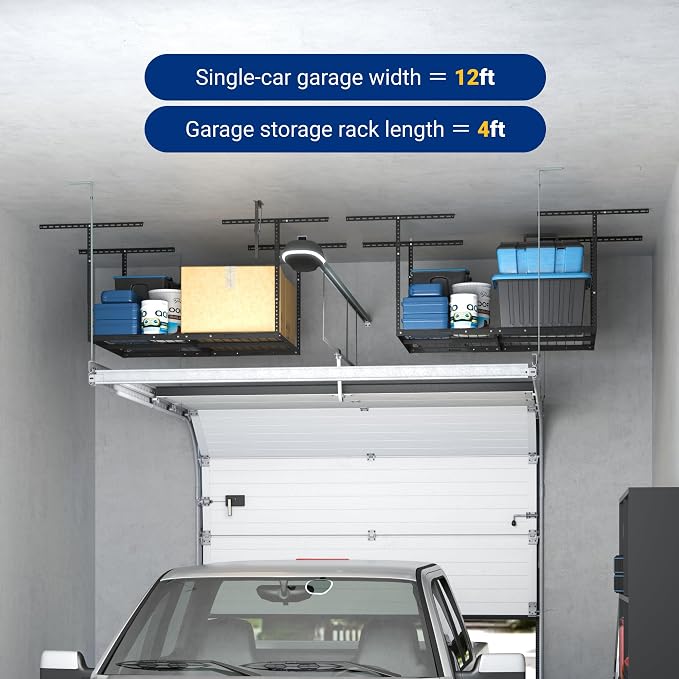 FLEXIMOUNTS 3x4 Overhead Garage Ceiling Storage Rack Organization, Black | 275lbs Weight Capacity, 22"-40" Adjustable Organization System, Heavy-Duty Metal Ceiling Racks, Classic Series