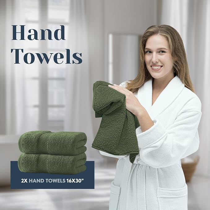 White Classic Luxury Bath Towel Set of 8 Pieces - 100% Turkish Cotton Highly Absorbent Towels for Bathroom, 2 Luxury Bath Towels 700GSM, 2 Hand Towels, 4 Washcloths, Forest Green