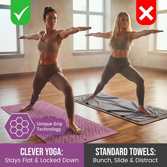 Clever Yoga Hot Yoga Mat Towel – Non-Slip Grip for Hot Yoga, Sweat Absorbent, Honeycomb Silicone Grip, Stays Flat – Ideal for Pilates, Travel, Washable & Lightweight - Lilac