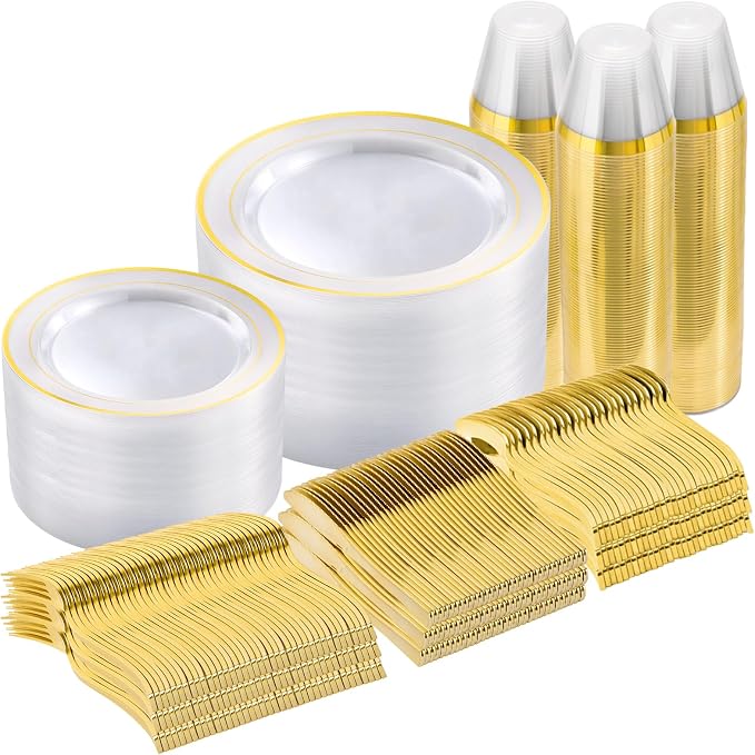 Goodluck 600 Pieces Clear Gold Plates for 100 Guests, Plastic Plates for Party, Dinnerware Set of 100 Dinner and 100 Dessert Plates, 100 Spoons, 100 Forks, 100 Knives, 100 Cups