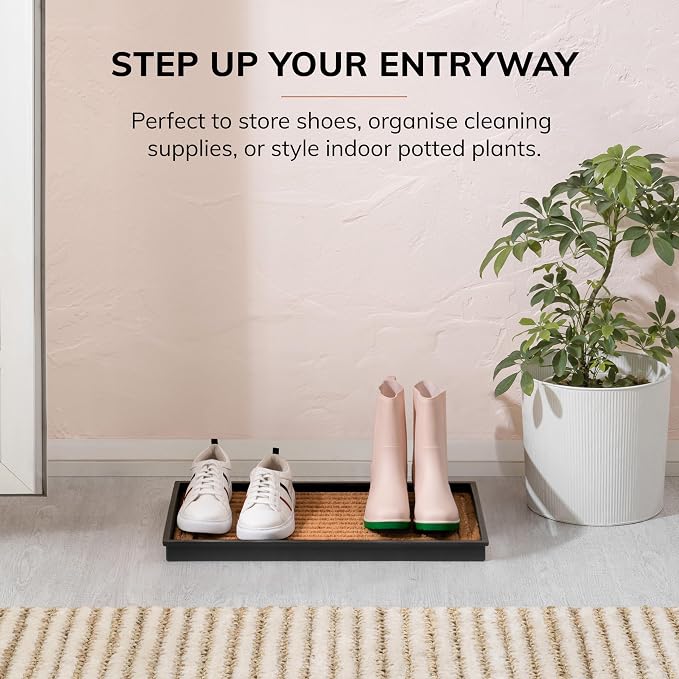 Anji Mountain Heavy Duty Waterproof Rubber Shoe Storage Mat Organizer/Boot Storage Tray Multi Use for Entryway with Coir, Tan Rectangle Embossed Insert, Fits 2 Pair (24.5" Wide)