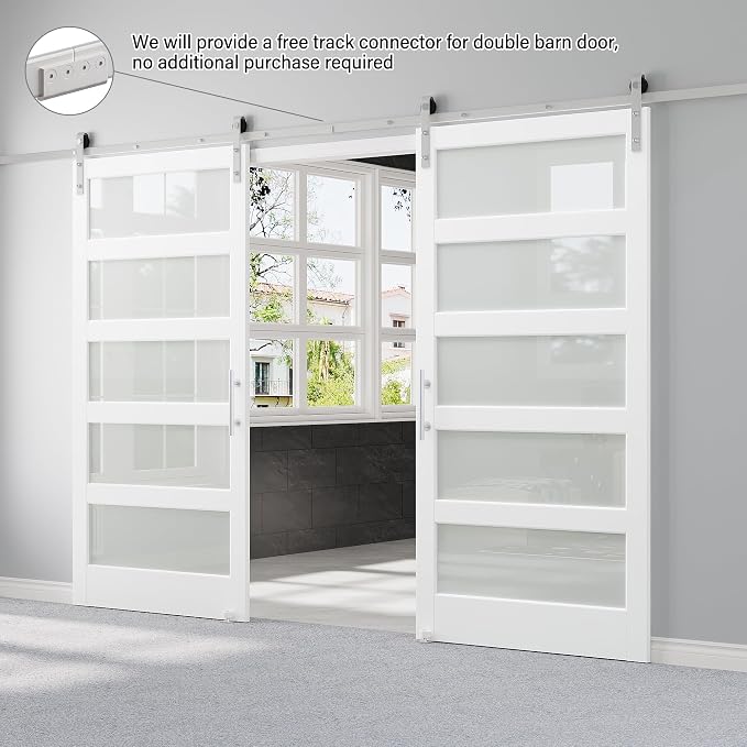 84" x 84" Double Barn Door and 14FT Brushed Nickel Hardware Kit, Sturdy & Stable Mortise and Tenon Structure, Water Resistant 5-Lites Glass Barn Doors for Bathroom, Pre-Drilled, Assembly Required