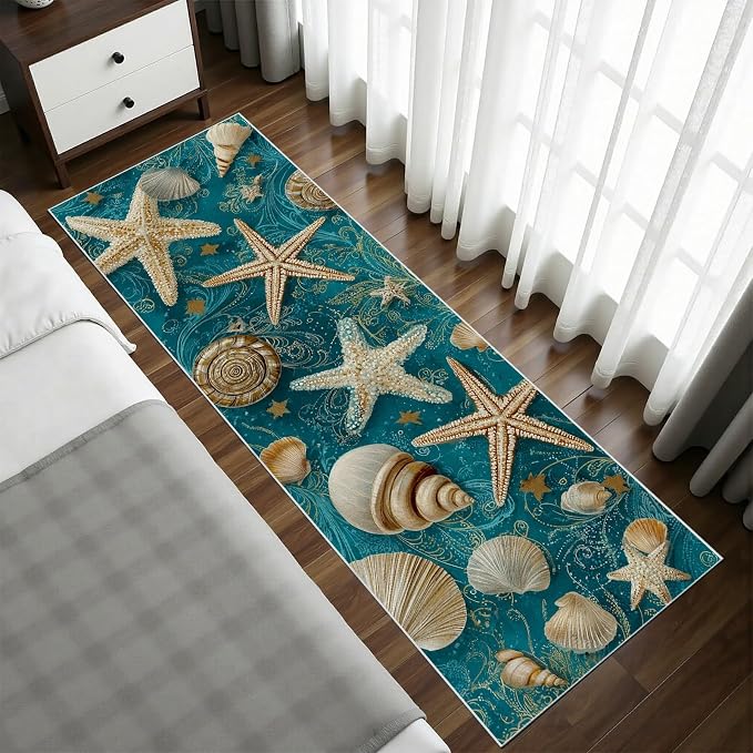 Seashell Starfish Conch Hallway Washable Runner Rug 2x7, Retro Ocean Kitchen Runner Rug Soft Non Slip Low Pile Floor Mat, Peacock Green Carpet for Entryway Corridor Laundry Bedside Rugs