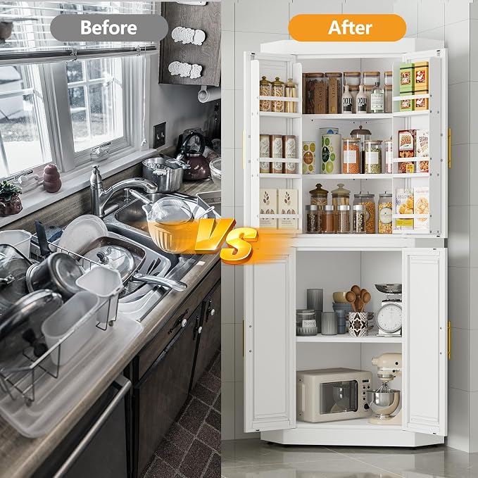 GAIOUS 63" Metal Corner Kitchen Pantry Cabinet, Kitchen Food Cabinets White | Tall Steel Storage Cabinet with 4 Doors and 3 Shelves, Farmhouse Cupboard with 6 Door Panel Shelves, for Dining Hallways