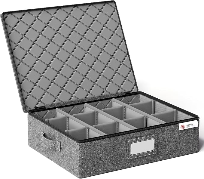 Cup and Mug Storage Boxes with Dividers,Hard Shell Coffee Mug Organizer with Lid,Handles,Zips and Label Window for Coffee Mugs,Tea Cups,Packing and Moving,Hold 12,1 Pack, Grey