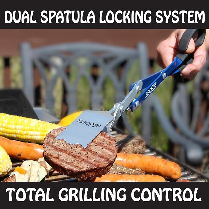 3 in 1 Barbecue Tool 18-inch by BBQ Croc - Light and Long Tongs, Spatula and Grill Scraper (Blue) (18 inch Without Flashlight)