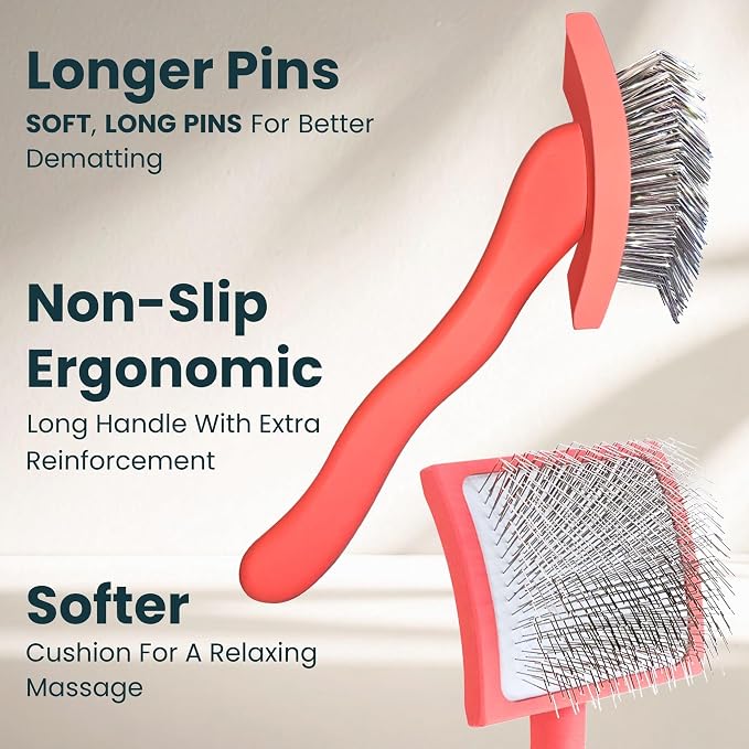 Premium Slicker Brush for Dogs - Long Pin for Poodles, Doodles & Long Haired Dogs, Deshedding & Dematting Tool, Slicker Dog Brushes for Grooming (Coral, Curved Large)