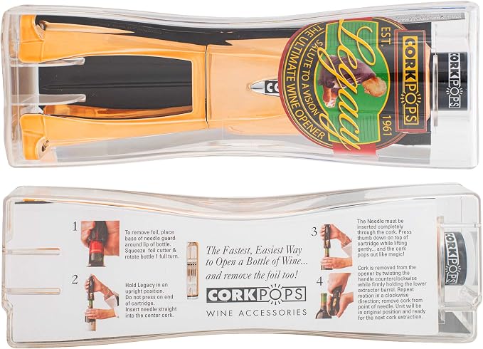 Cork Pops Legacy Wine Opener Built-in 4-Blade Foil Cutter Safe Cork Removal, Effortless Push Button Use, Needle Guard for Safety, Low-Pressure Cartridge Opens Up To 60 (Copper, With 1 Cartridge)