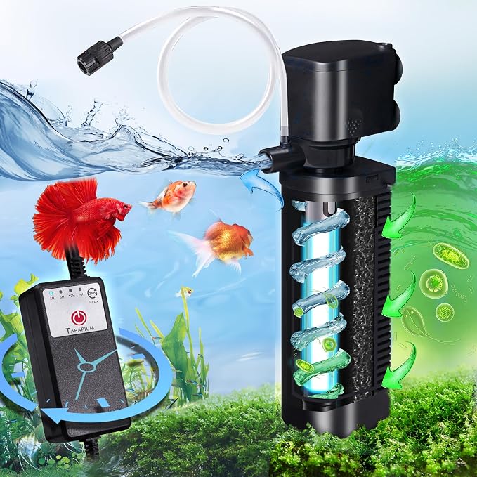 TARARIUM 20-75Gal U-V Aquarium Filter for Fish Turtle Tank, Auto-Timer Bulb | Bio Sponge+U-V Internal Filter, Clear Green Water, Green Killing, Aeration, Deodorize, Salt & Freshwater Crystal Clear,211GPH