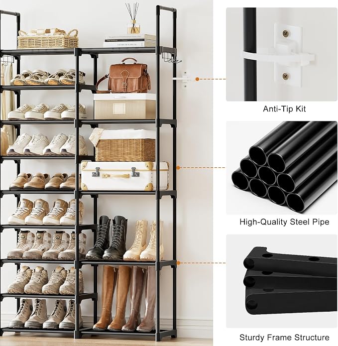 WOWLIVE 9 Tiers Shoe Rack Shoe Storage Shoe Organizer 30-35 Pairs Shoe Tower Unit Shelf Durable Metal Pipes with Plastic Connectors Stackable Cabinet Black(SSS2B9)
