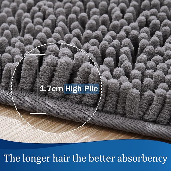 LOCHAS Luxury Bathroom Rug Shaggy Bath Mat 24 x 17 Inch, Gray | Washable Non Slip Bath Rugs for Bathroom Shower, Soft Plush Chenille Absorbent Carpets