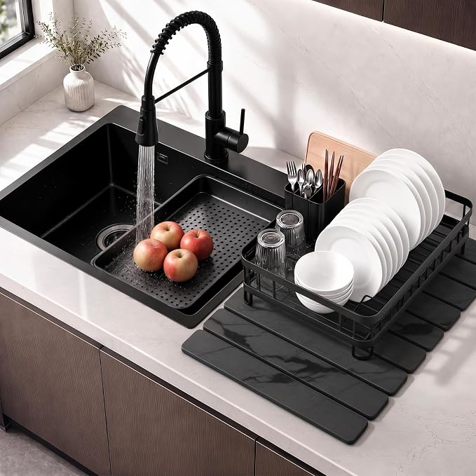 Large Stone Dish Drying Mat for Kitchen Counter, Quick Dry Stone Dishes/Bath Mats,Foldable Water Absorbing Diatomaceous Earth Drying Organizer Pad for Plate Rack Bottles Utensils(Dark Gray 24"×16")