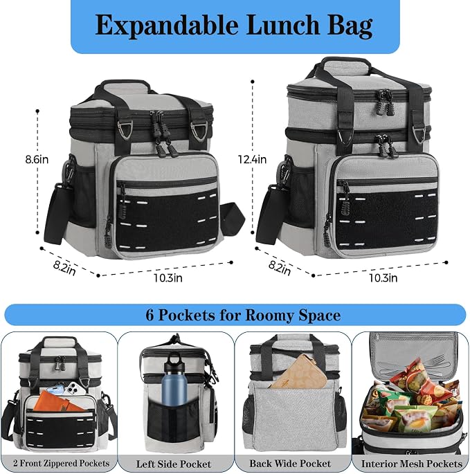 Lunch Box Cooler Bag - Tactical Insulated Lunchbox for Men - Large Lunch Pail Kit for Adults Work Outdoor Shifts Trips Grey 16L
