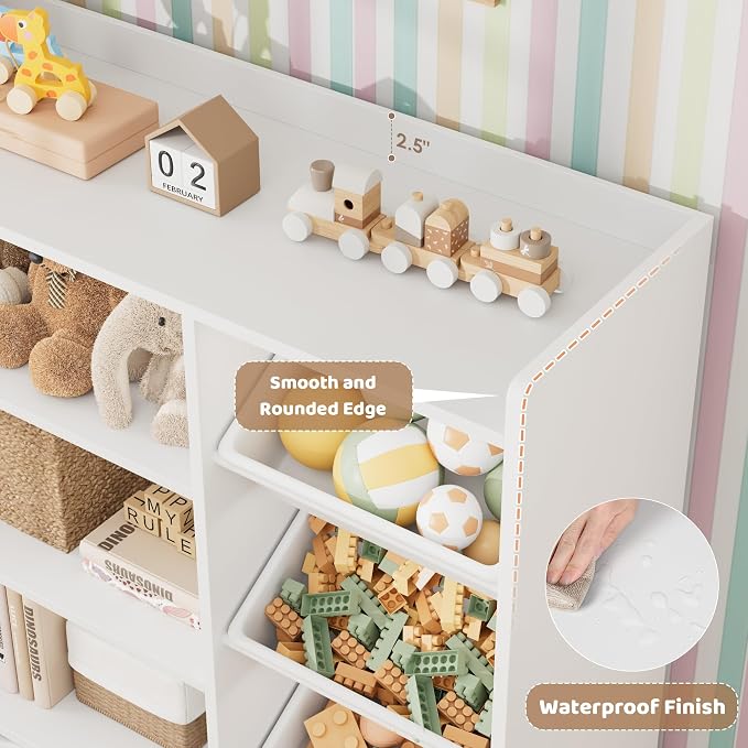 HITHOS 55" W Kids Toy Storage Organizer with 10 Toy Box & Book Shelf, White | Large Toy Organizers and Storage with Kids Bookshelf & 6 Plastic Toy Chests & 4 Movable Drawers for Kids Room, Playroom