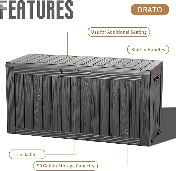 DRATO 100 Gallon Deck Boxes Outdoor Waterproof Storage Box with Wheels | Lockable Weatherproof Resin Outside Patio Storage Box for Backyard Furniture Pool Supplies Garden Tools, Black